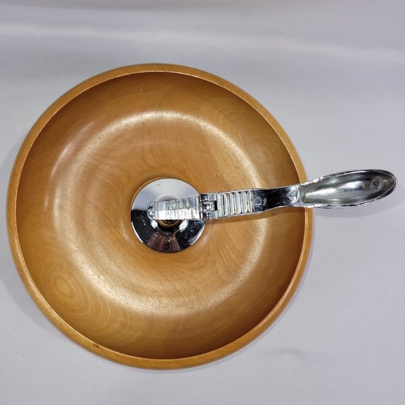 Nutcracker Vintage Wooden Bowl  10" Wood & Chrome Metal Nut Christmas Dish - Picture 2 of 3